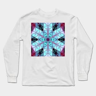 Mosaic Kaleidoscope Flower Blue and Red Long Sleeve T-Shirt